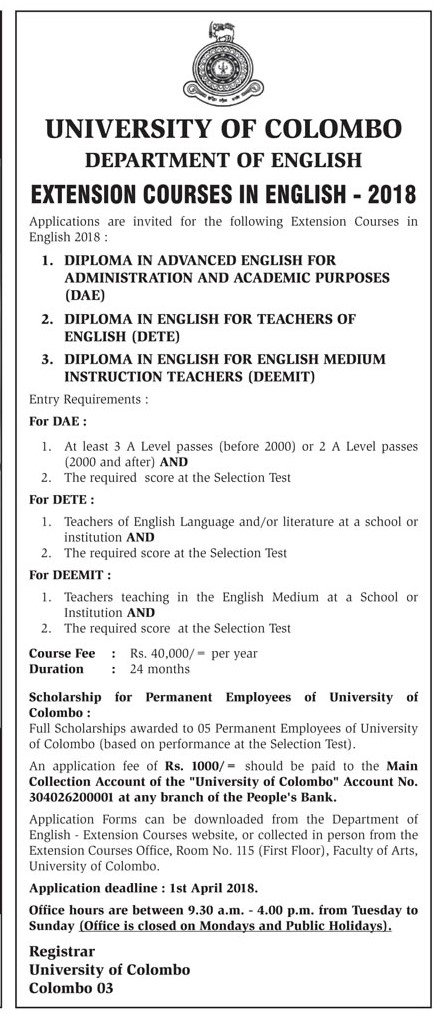 Extension Courses in English - Department of English - University of Colombo